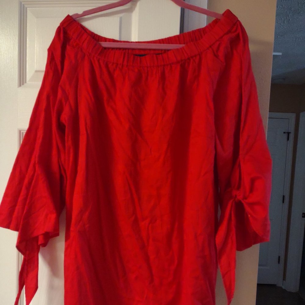 Red off shoulder denim 24/7 shirt